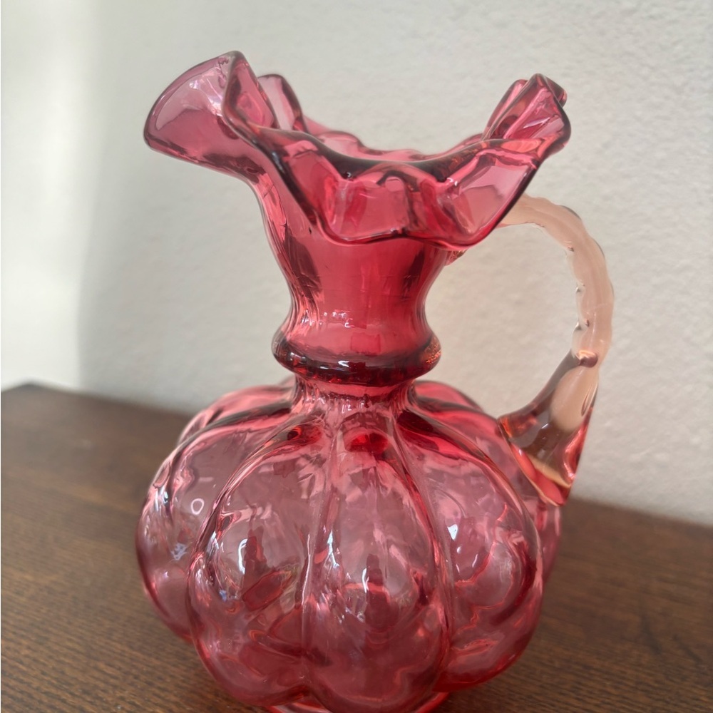 Vintage Fenton Cranberry Melon Ruffled Glass Pitcher Carafe 6"